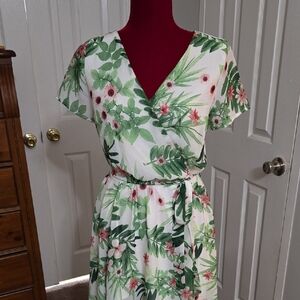 Tropical Green and White Floral Midi Dress